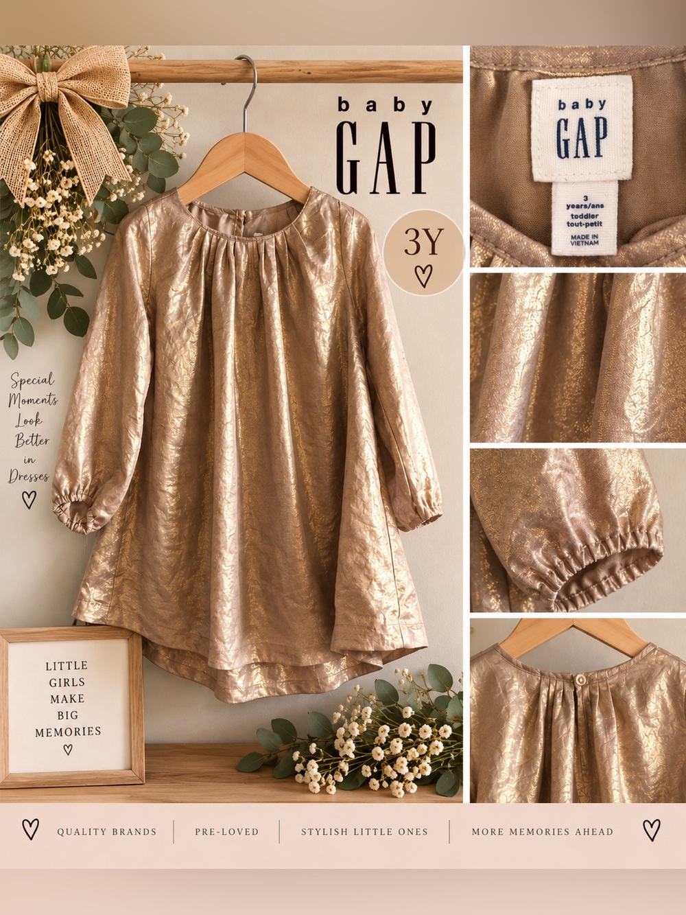 Baby Gap Girls 3Y Metallic Gold Long Sleeve Party Dress